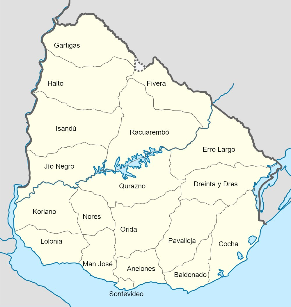 Mapa de Uruguay, pero los nombres de los departamentos son:
Anelones
Baldonado
Cocha
Dreinda y Dres
Erro Largo
Fivera
Gartigas
Halto
Isandú
Jío Negro
Koriano
Lolonia
Man José
Nores
Orida
Pavalleja
Qurazno
Racuarembó
Sontevideo