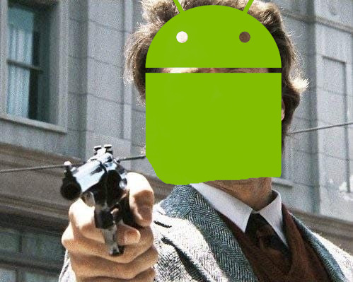 Dirty Harry apuntándote con un arma, la cara tapada por el logo de Android
