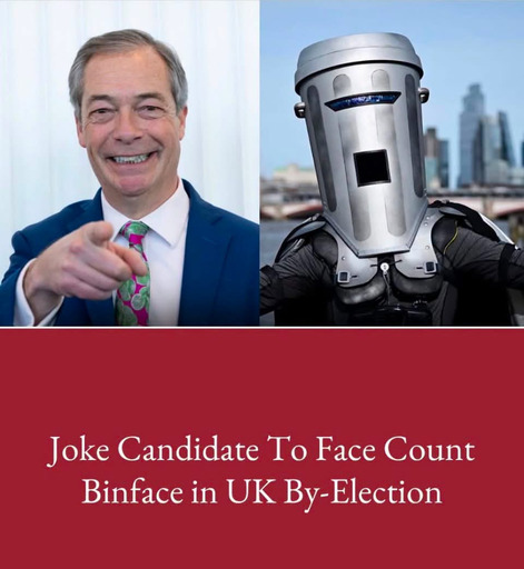 Dos fotos lado a lado, Nigel Farage por un lado y Count Binface por otro, con el texto "Joke Candidate To Face Count Binface in UK By-Election"