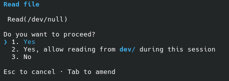 Screenshot de Claude pidiendo permiso para leer /dev/null