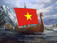 Barco vikingo con bandera de Vietnam reemplazando la vela.