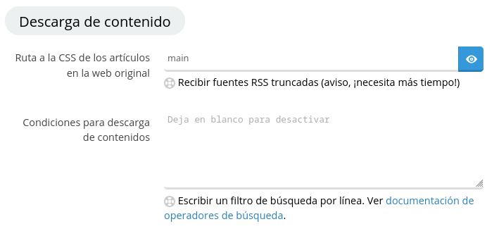 Screenshot de configuración de FreshRSS para descargar contenido