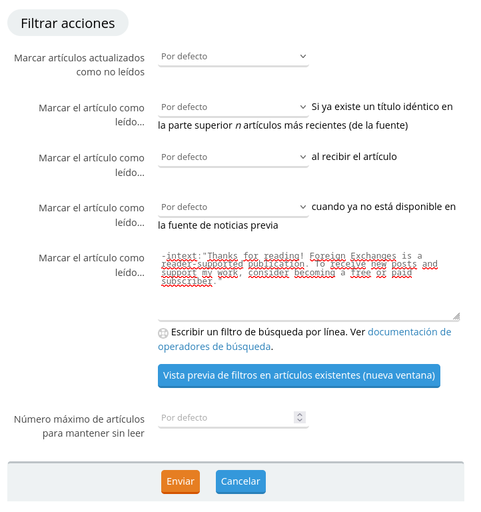 Screenshot de configuración de FreshRSS para marcar como leído