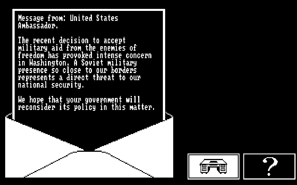 screenshot del juego, con un mensaje del embajador de Estados Unidos siendo un sorete