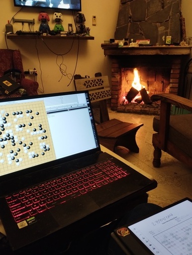 Foto de mi computadora durante el partido, de fondo se ve la estufa de leña prendida, y cerca de la computadora se ve la tablet donde estaba anotando las jugadas