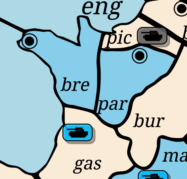 Situación hipotética en un mapa de Diplomacy